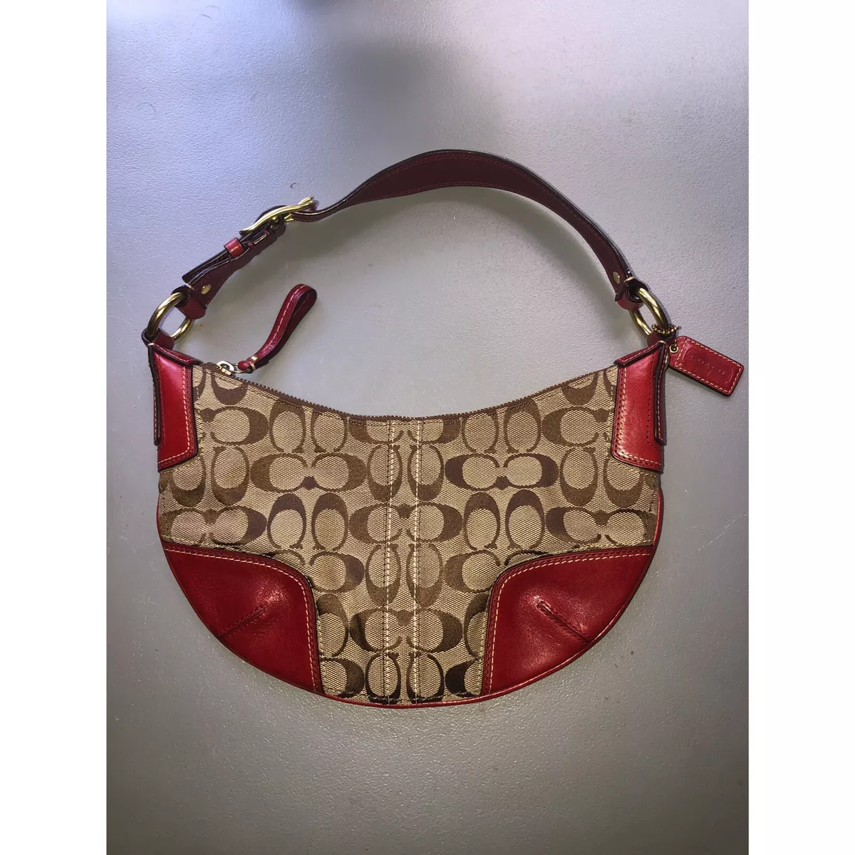 COACH Purse Signature Logo Small Brown Red Hobo Bag