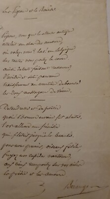 P.J De Beranger Autograph Manuscript 1841 Song ''The Pigeons of the Stock Exchange'' 