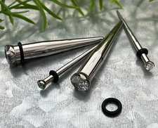 PAIR 316L Stainless Steel Tapers Prong Set Gem Ear Plug Expander Guages Gauges