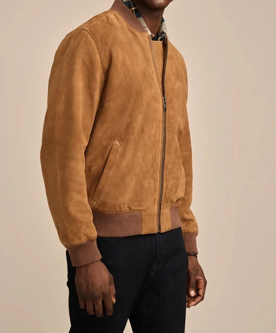 Men Brown Pure Suede Leather Jacket Slim Fit Trucker Jacket Custom Size S M L XL