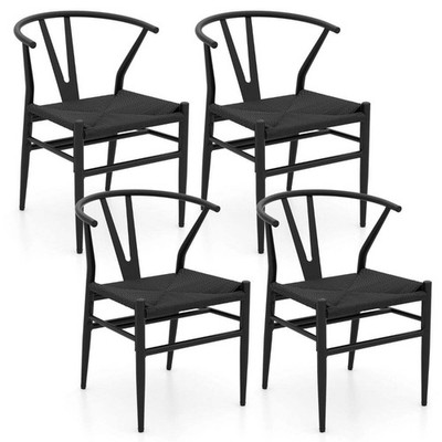 Wishbone Esszimmerstuhl 4er Set mit Y-förmiger Rückenlehne und geflochtenem Garnsitz - Schwarz