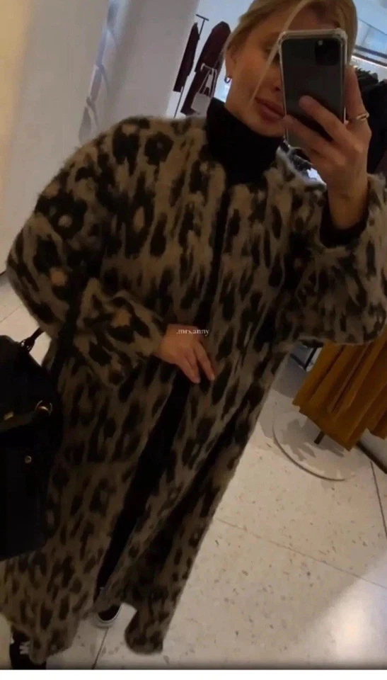 Zara Animal Jacquard Knit Long Coat Leopard Brown Black Size S 2142/183 New - Image 3 of 4