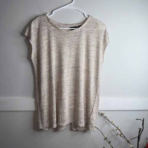 Tahari Linen Top Women's M Button Up Back Beige Minimalist Relaxed