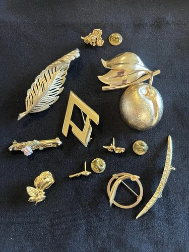 Vintage Lot 10 Brooches & Pins Gold Tone Apple Feather & Floral Costume Jewelry