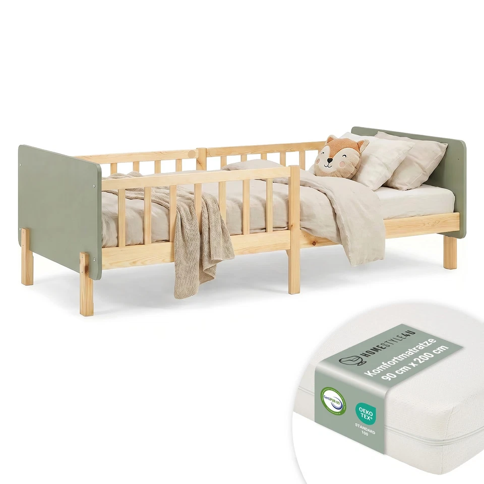 Kinderbett 90x200 Grün Massivholz Matratze Lattenrost Rausfallschutz Homestyle4u - Bild 1 von 4