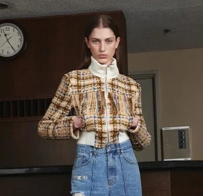 Kijun Korean Designer Yellow White Plaid Cropped Fringe Jacket Kpop Fashion Sz S