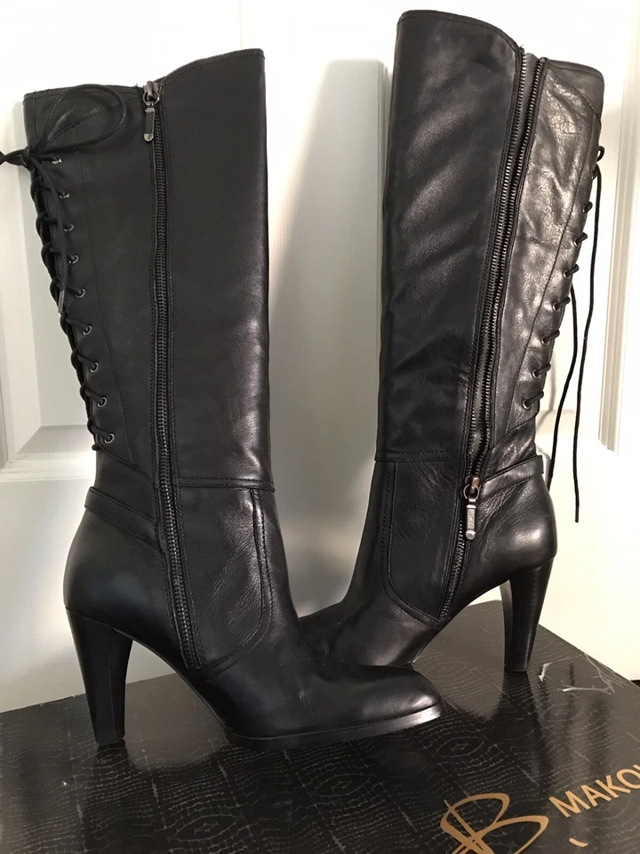 Botas Altas B Makowsky ~ Cuero Negro Cordones Corsé Espalda ~ Necesita Reparación de Cremallera Foto 2 de 4