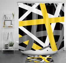Modern Geometric Black White and Yellow Shower Curtain Bathroom Accessories Set