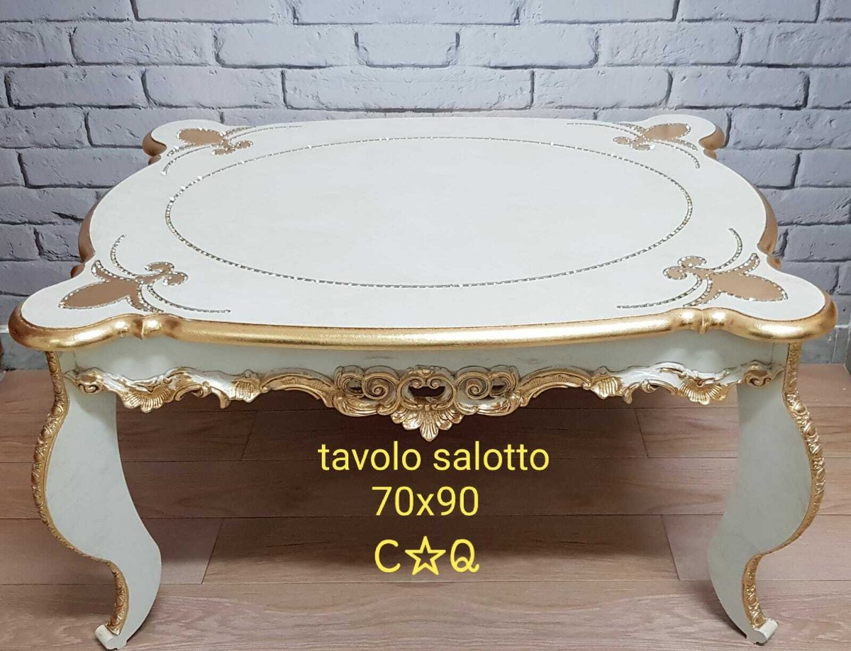 TAVOLINO DA SALOTTO RETTANGOLARE IN LEGNO AVORIO E ORO CON STRASS