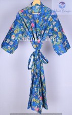 Women`s Cotton Robe Kimono Blue Floral Printed Indian Nightwear Gown Maxi Dress
