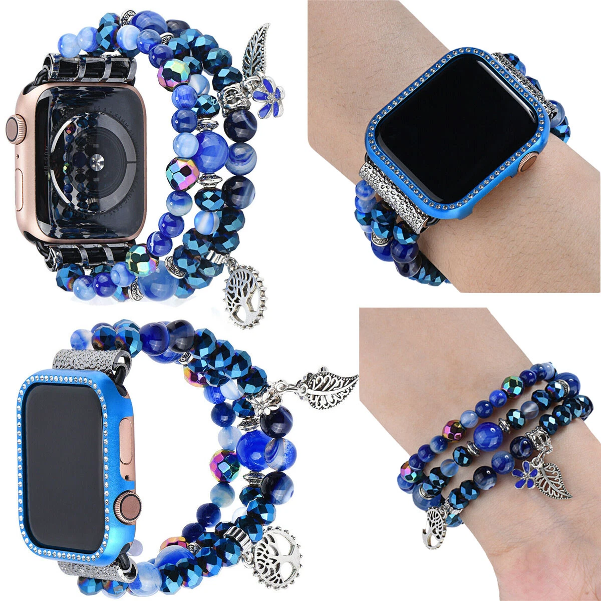 Bling Blue Bead Strap Bracelet Band Case Cover Set For Apple Watch