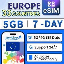 JetSim Europe eSIM (7 Days), 5GB High-Speed Data, Travel in 33 EU Countries