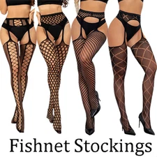 Womens Fishnet Tights Suspender Pantyhose Thigh High Stockings Black Stretchy ⇘