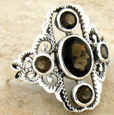GENUINE SMOKY QUARTZ ANTIQUE STYLE 925 SOLID STERLING SILVER RING 394