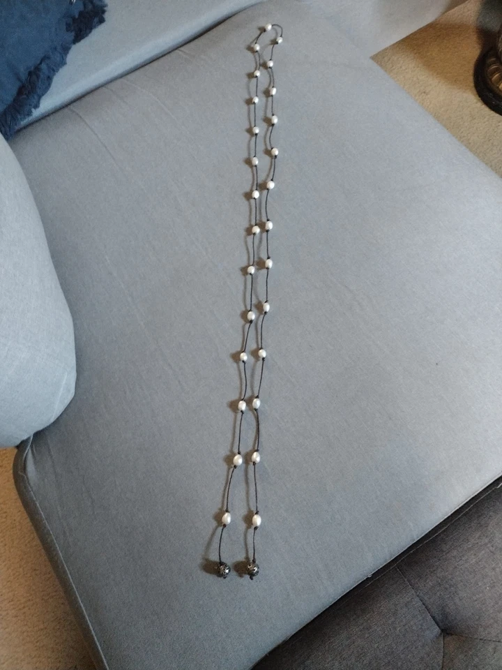 Collar Lariat Largo 67" Perla Agua Dulce Cuero - 27 Perlas Estilo Boho Artesanal Foto 2 de 4
