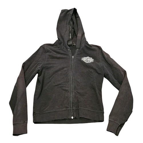 Harley-Davidson Jacket Women Large Black Distressed Full Zip Flames Biker Hoodie