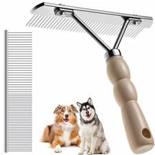 Dog Rake for Undercoat, Pet Grooming Set Long-Tooth Metal Brush & Stainless S...