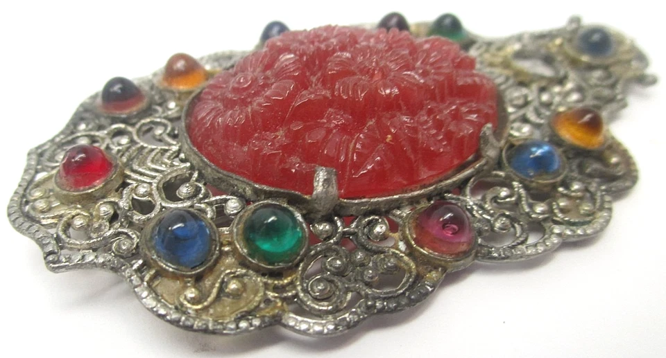 Broche de diamantes de imitación multicolor clip de piel gema tallada vintage Foto 2 de 4