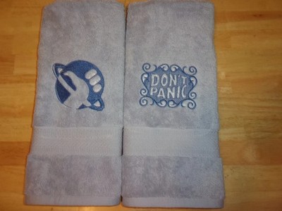 2 Hitchhikers Guide to the Galaxy Don't Panic Embroidered Hand Towels