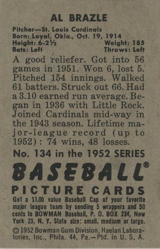 Bowman #134 Al Brazle 1952 - Foto 2 di 2