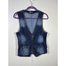 Full Full Denim Vest S Blue Jean Button Front Western Y2K Biker Boho Cowgirl