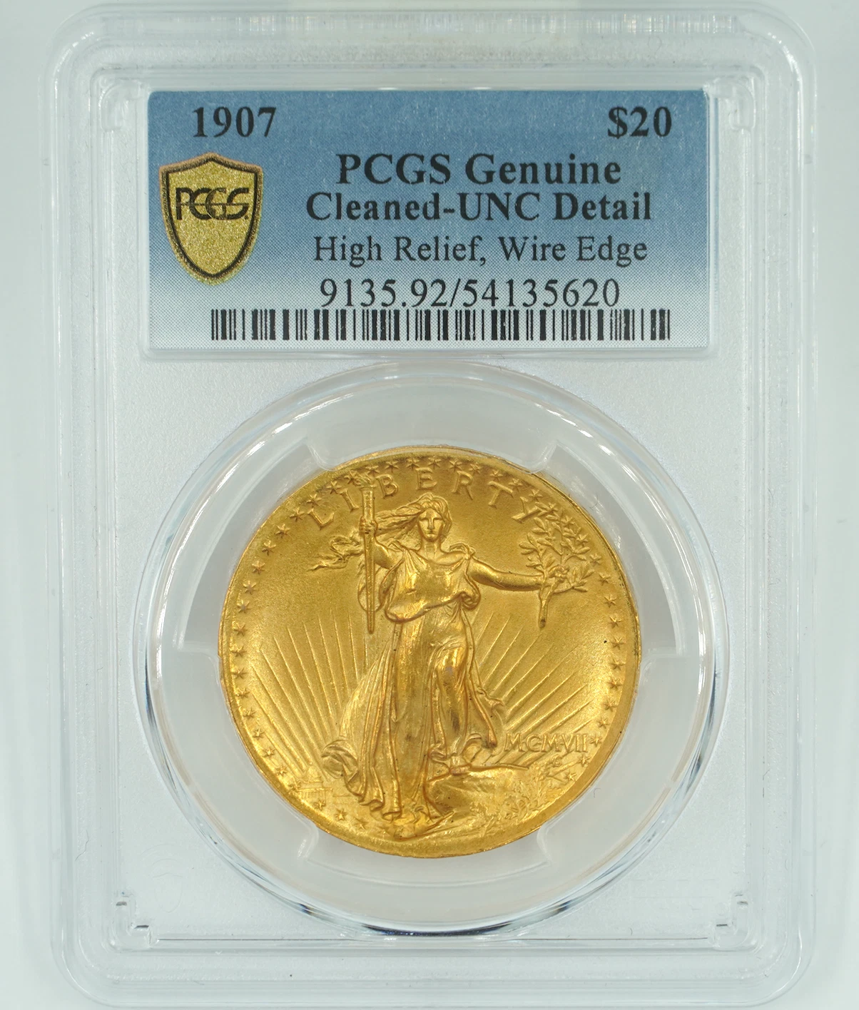 1907 PCGS Genuine Cleaned UNC Detail High Relief Saint Gaudens