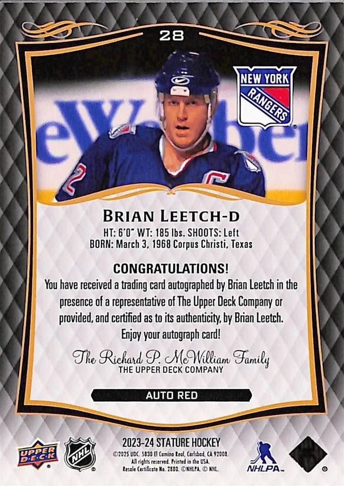 2023-24 Upper Deck Stature Brian Leetch rojo automático/99 Rangers #28 Foto 3 de 3