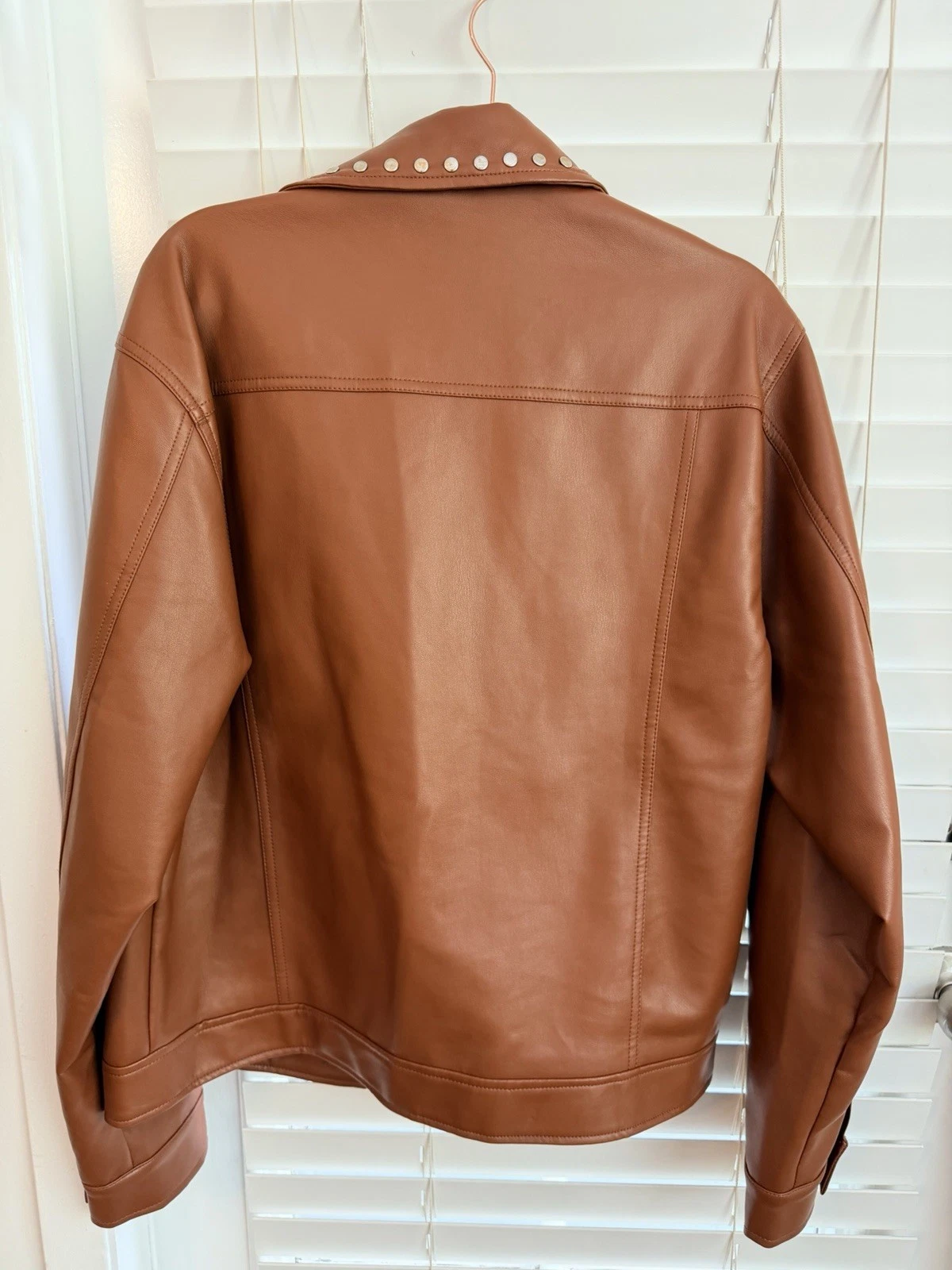 NEW BOOHOOMAN FAUX BROWN LEATHER Studded Collar Trucker Jacket SMALL image 2