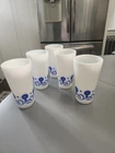 Vintage Set of 5 Hazel Atlas Milk Glass & Blue Cornflower Daisy Tumblers - 5.25"