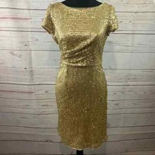 Adrianna Papell Gold Sequin Short Sleeve Knee Length Zip Up Evening Dress Size 4