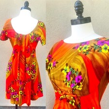 MCINERNY 60s 1960  s Vintage Hawaiian Aloha Back Train Mini Empire Bust Dress S M