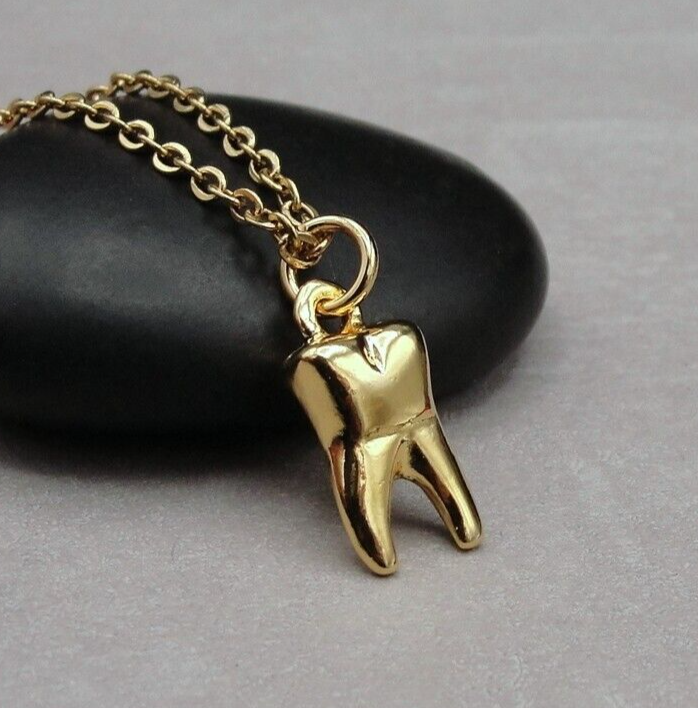 Gold Tooth Charm Necklace Teeth Dentist Tooth Fairy Pendant Jewelry NEW