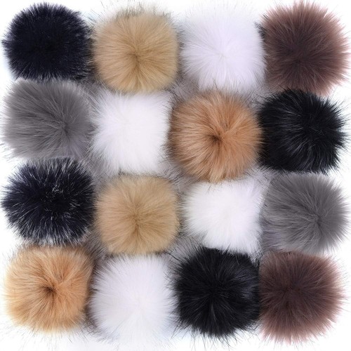 16 Pieces Faux Fox Fur Pom Pom BallsFur Fluffy Ball with Elastic Loop for Hats