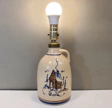 Vintage L.L. Bean Olde Cape Cod Stoneware Jug Table Lamp, Blue and Brown Cabin
