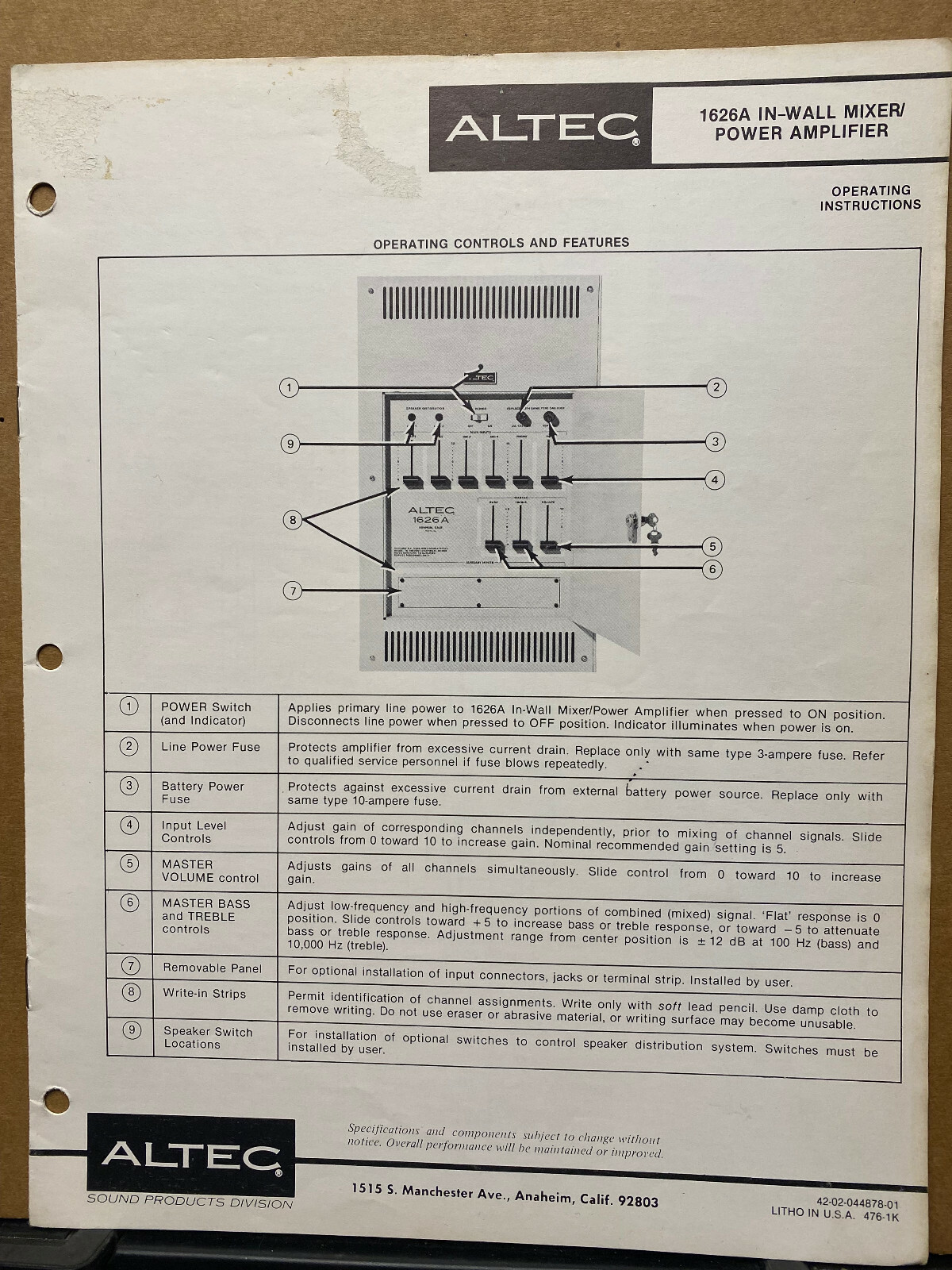 Owner Operating Manual ~ Altec 1626A Mixer Amplifier Amp Service Schematic Parts