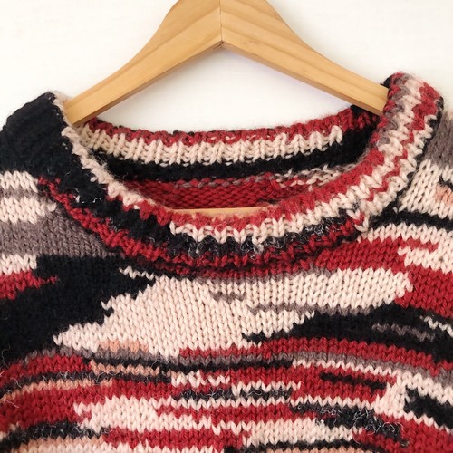 Hand Knitted Jumper Size M-L Red Black Wool Handmade Knit Sweater Pullover - Picture 3 of 9