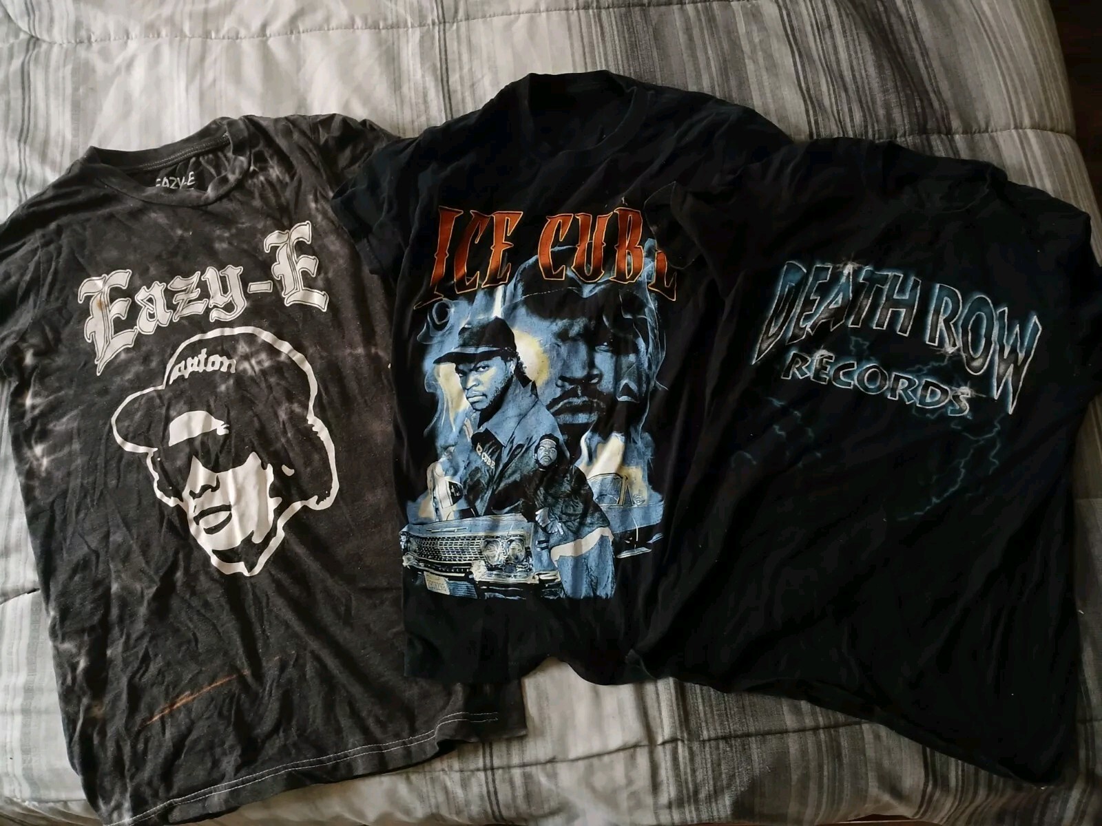 FILA Lotto 3 magliette Eazy E Ice Cube Death Row Records vintage NWA nere sbiancate