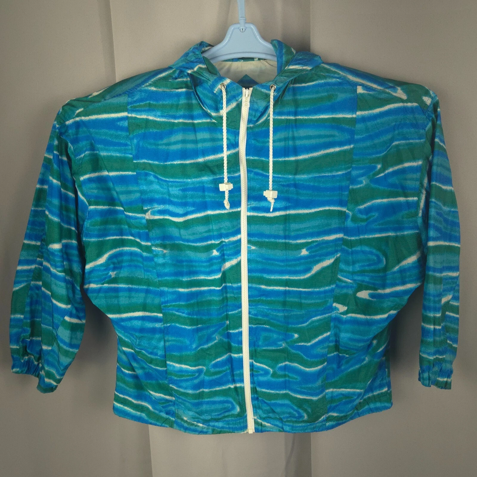 VETEMENTS Giacca uomo vintage L blu nylon con cappuccio giacca a vento stampa allover cappotto leggero