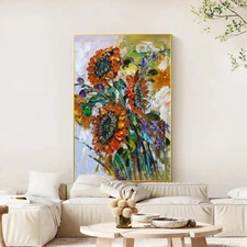 Sunflower Texture Oil Painting Canvas  Modern Flower Painting Handmade