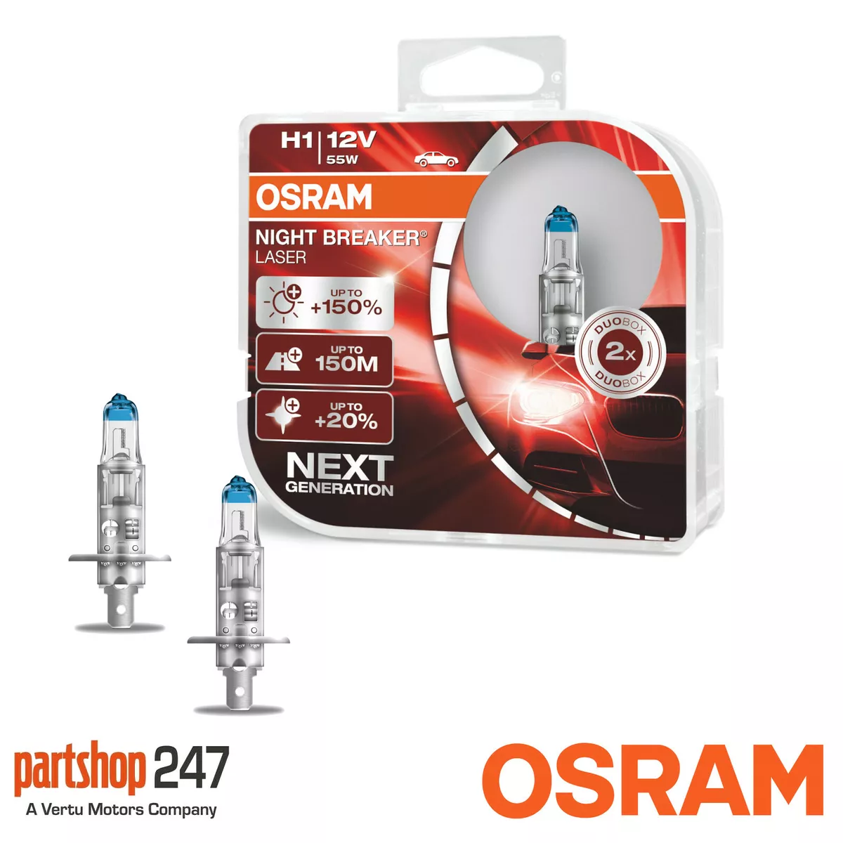 Osram H1 Night Breaker LASER Performance Headlight Bulbs (x2) 64150NL-HCB -  New!