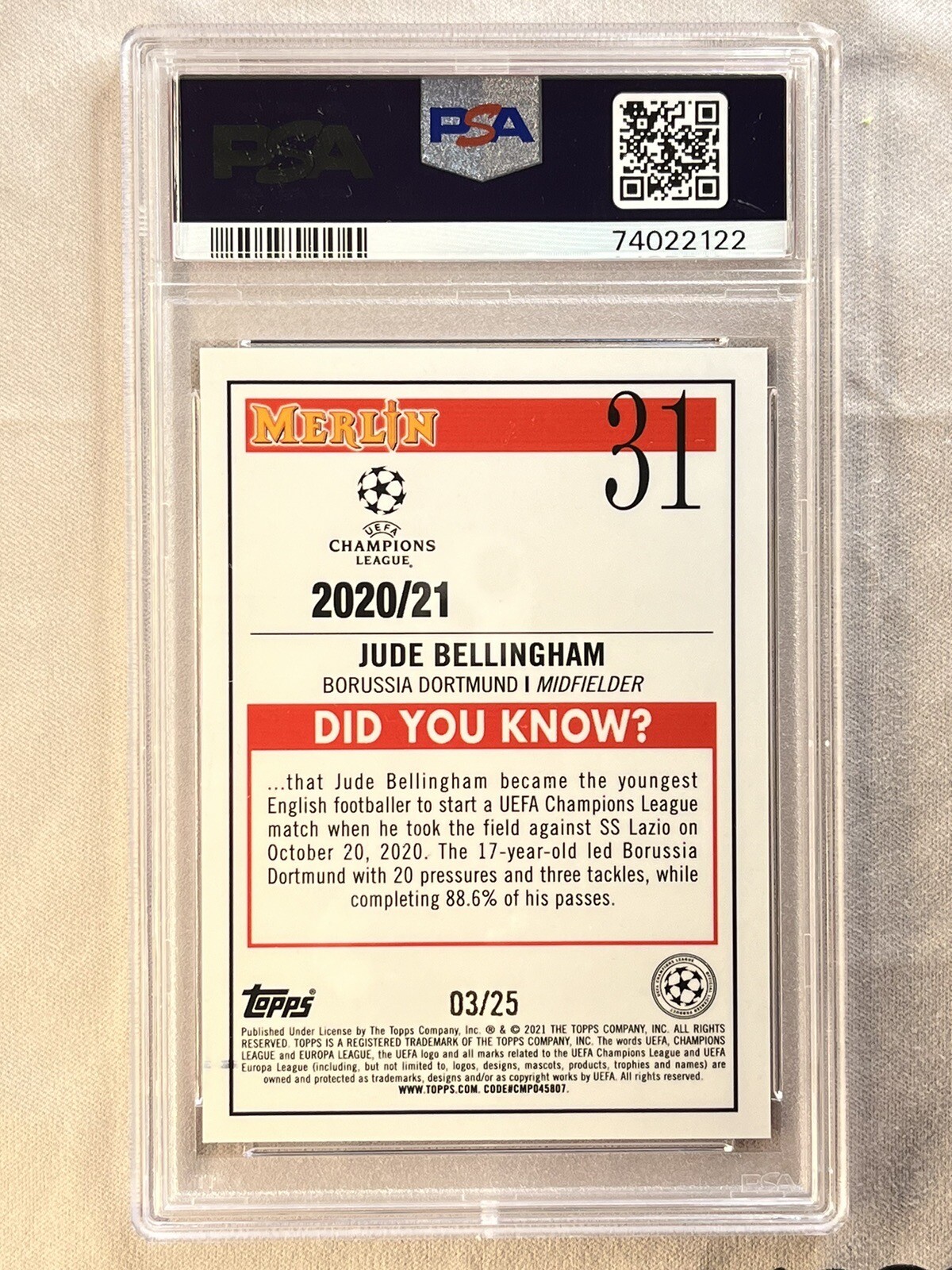 2020-21 Topps Merlin UEFA Jude Bellingham 31 RC PSA 9 IMAGE VARIATION Orange /25 view 2