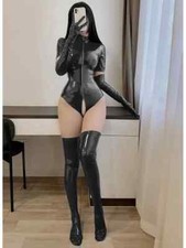 Wet Look PVC Catsuit with Short Sleeves, Zipper Open Crotch Bodysuit for Pole