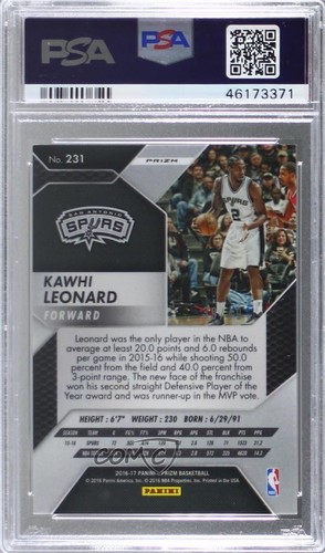 2016-17 Panini Prizm Orange Prizm /49 Kawhi Leonard #231 PSA 10 GEM MT 8uc - Picture 2 of 3