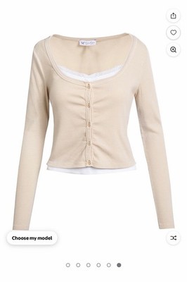 Jessica Simpson Beige Rib Knit Lace Trim Button Front Cardigan Long Sleeve L
