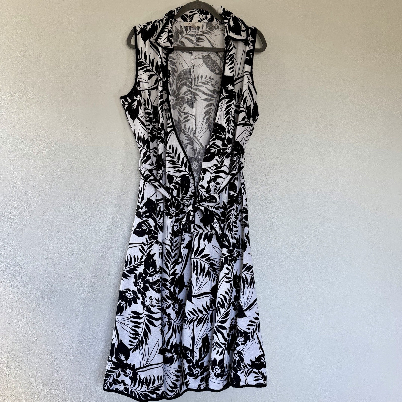 Wrap Dress 100% Linen Womens 12 Midi Black White Floral Tropical Sleeveless Belt