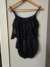 robby len swimsuit Black Lace Ruffles Size 12 NWT Longitude Swim Fashions New