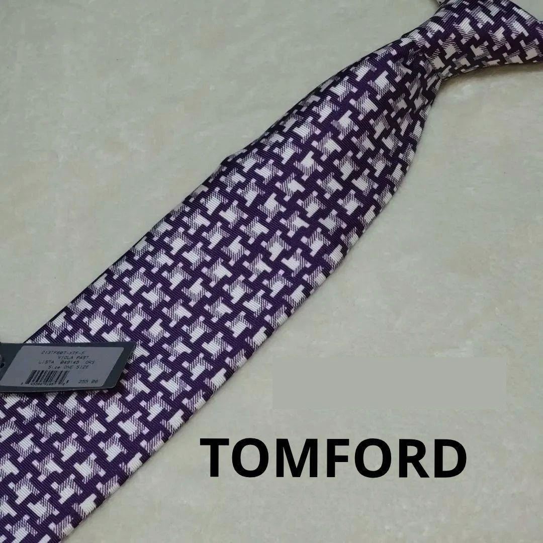 Cravatta Tom Ford 7 Pieghe Seta Bianca Pois Viola - Nuova Con Etichette, Made In Italy