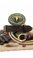 Men Women Gold Metal Buckle Western Fashion Bull Long Horns Cow Texas Biker TX