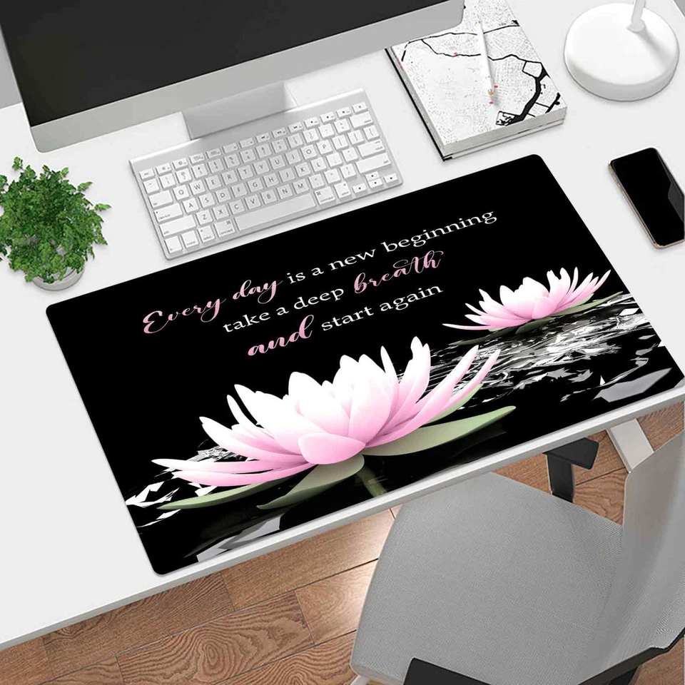 Zen Pink Water Lily Flower on Black Desk Mat for Keyboard and Mouse Desk Pad - Image 2 of 4