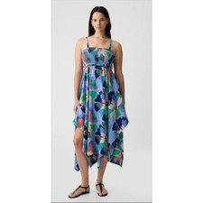 Gap Smocked Handkerchief Hem Floral Midi Dress Blue Pink Cotton Pockets Size XXL